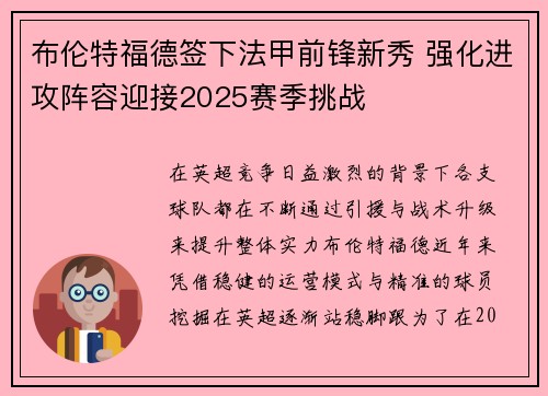 布伦特福德签下法甲前锋新秀 强化进攻阵容迎接2025赛季挑战